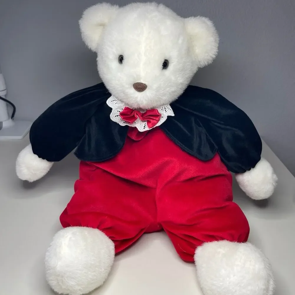 Vintage 1989 Prestige White Teddy Bear Plush 20” Black Red Bow Tie Velour Large